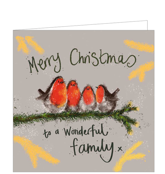 Part of Alex Clark's Christmas card collection, this Christmas card is decorated with Alex's painting of family of four robin birds perched together on a branch. The text on the front of the card reads 
