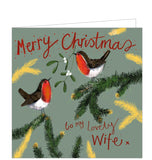 Part of Alex Clark's Christmas card collection, this Christmas card is decorated with Alex's painting of two robins perched on branches. One robin is holding a sprig of mistletoe in its beak. The text on the front of the card reads "Merry Christmas to my lovely Wife x".