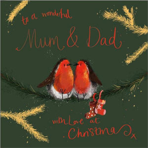 Part of Alex Clark's Christmas card collection, this Christmas card is decorated with Alex's painting of a pair of robins perched together on a branch, with a pair of tiny christmas stockings hanging below them. The text on the front of the card reads "To a wonderful Mum and Dad, with love at Christmas x".