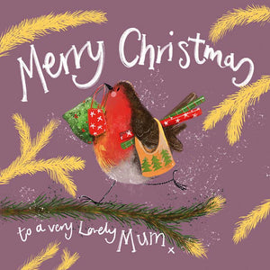 Part&nbsp;of Alex Clark's Christmas card collection, this Christmas card is decorated with Alex's painting of a rosy-cheeked, red-breasted robin marching along a fir-tree branch carrying rolls of wrapping paper and Christmas shopping bags.&nbsp;The&nbsp;text on the front of the card reads "Merry Christmas to a very lovely Mum x".