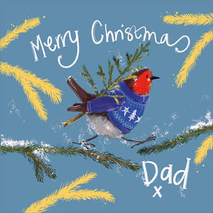 Part&nbsp;of Alex Clark's Christmas card collection, this Christmas card is decorated with Alex's painting of a robin in a christmas jumper, carrying a tiny christmas tree on its back.&nbsp;The&nbsp;text on the front of the card reads "Merry Christmas Dad x".