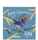 Part of Alex Clark's Christmas card collection, this Christmas card is decorated with Alex's painting of a robin in a christmas jumper, carrying a tiny christmas tree on its back. The text on the front of the card reads "Merry Christmas Dad x".