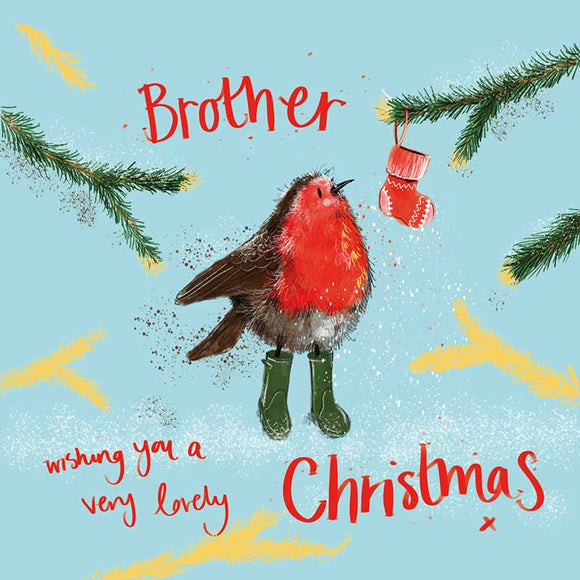 Part of Alex Clark's Christmas card collection, this Christmas card is decorated with Alex's painting of a robin dressed in green wellingtons, hovering beside a tiny Christmas stocking hanging from a tree branch. The text on the front of the card reads 