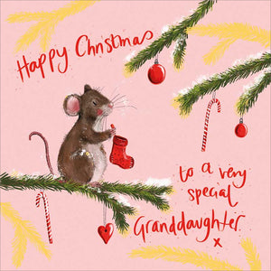Part&nbsp;of Alex Clark's Christmas card collection, this Christmas card for a special granddaughter is decorated with Alex's painting of a cute little mouse hanging a christmas stocking from a fir tree branch.&nbsp;The&nbsp;text on the front of the card reads "Happy Christmas to a very special Granddaughter x".
