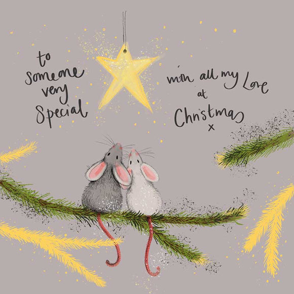 Part of Alex Clark's Christmas card collection, this Christmas card for someone special is decorated with Alex's painting of two cute mice sitting together on a Christmas tree branch looking up at a gold star decoration. The text on the front of the card reads 