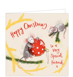 Part of Alex Clark's Christmas card collection, this Christmas card for a special friend is decorated with Alex's painting of two cute grey mice working together to hang a bauble on a christmas tree branch. The text on the front of the card reads "Happy Christmas to a very Special Friend x".