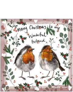 Husband Christmas card - Alex Clark robins and mistletoe card