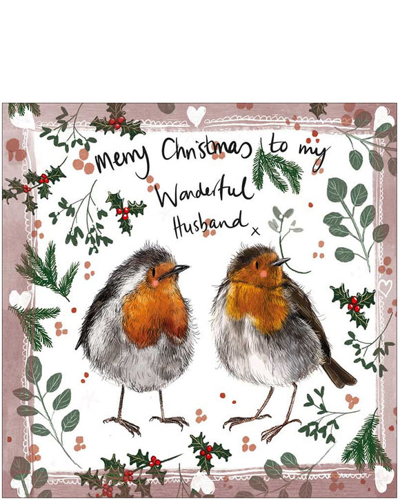 Husband Christmas card - Alex Clark robins and mistletoe card