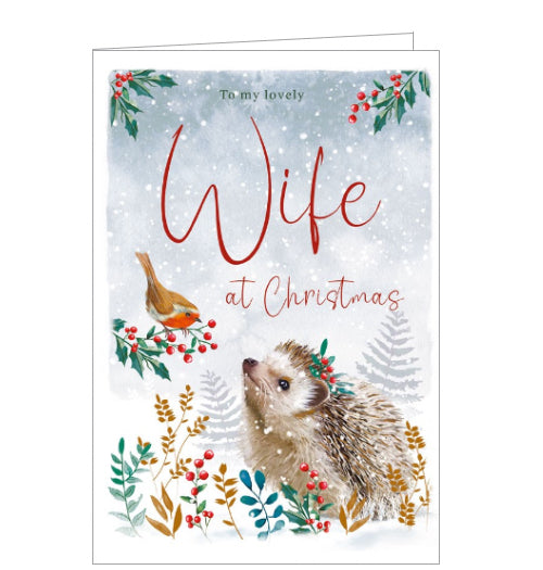 This Christmas card for a special wife is decorated with a cute illustration of a hedgehog, hunting for berries in the snow, looking up at a robin perched on a holly branch. The text on the front of the card reads 