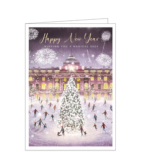 This eye-catching Happy New Year card showcases an illustration of ice-skaters enjoying the festivities in front of the iconic Somerset House as fireworks burst in the evening sky. The text on the front of the card reads "Happy New Year...wishing you a magical 2024".