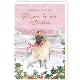 This lovely Christmas card for a someone very special is decorated with an illustration of a sheep and lamb stood together in a snowy field. The caption on the front of this Christmas card reads "For someone who's like a Mum to me at Christmas".