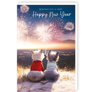  This adorable happy new year card is decorated with an image of two dogs - in knitted jumpers - sitting on the beach watching fireworks burst on the horizon. The text on the front of the card reads "Wishing you a very Happy New Year".