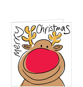 This Christmas card from Lucilla Lavender is decorated with a sketch of a smiling Rudolf the red-nosed reindeer. The caption on the front of the card reads "Merry Christmas!"