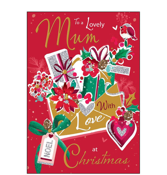 This stylish Jonny Javelin Christmas card is decorated with golden envelope bursting open to reveal glittering cards, flowers and presents. Gold text on the front of the card reads 