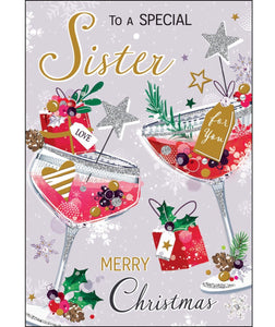 This stylish&nbsp;Jonny Javelin Christmas card&nbsp;for a special sister is decorated with a pair of glittering pink cocktails, garnished with sprigs of winter foliage. Gold text on the front of the card reads "To a Special Sister...Merry Christmas".