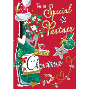 This modern Christmas card for a special partner still has all the Jonny Javelin hallmarks of strong design, glitter and glitz. This christmas card is decorated with a&nbsp; festive bottle of wine, and lots of Christmas trimmings. The caption on the front of the card reads "To a Special Partner Merry christmas"