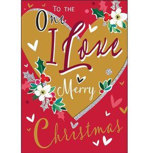 This christmas card for the one i love is decorated with golden heart, outlined in silver glitter and adorned with flowers. The text on the front of this Jonny Javelin Christmas card reads "To the One I Love...Merry Christmas".