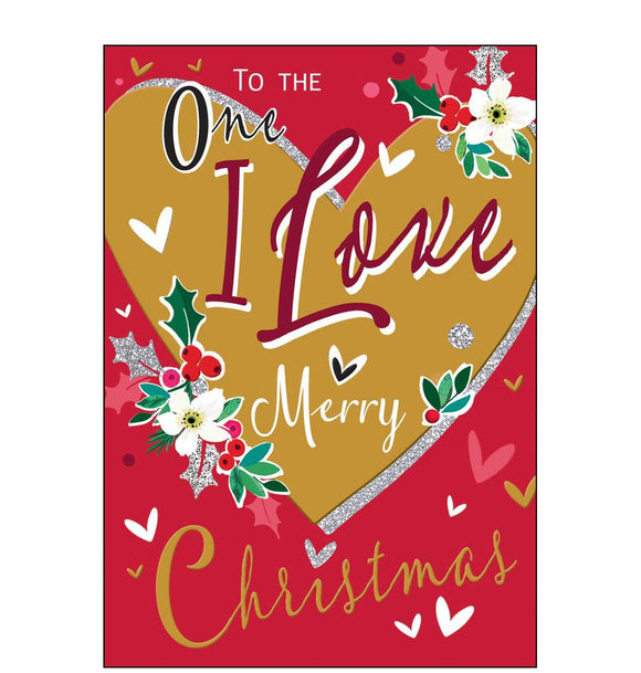 This christmas card for the one i love is decorated with golden heart, outlined in silver glitter and adorned with flowers. The text on the front of this Jonny Javelin Christmas card reads 