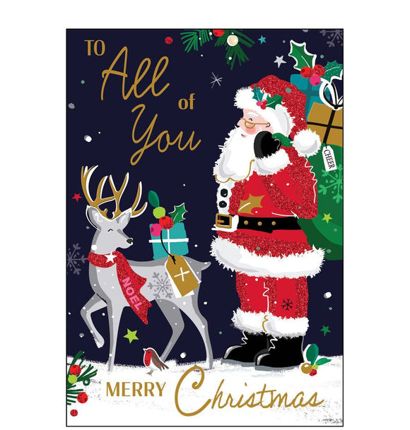 This Christmas card is decorated with an illustration of Father Christmas, with his sack of gifts, getting ready to leave on Christmas eve. Gold text on the front of this Christmas card reads 