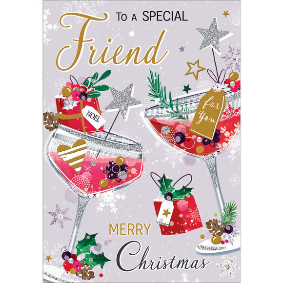 This stylish Jonny Javelin Christmas card is decorated with a pair of glittering pink cocktails, garnished with sprigs of winter foliage. Gold text on the front of the card reads 