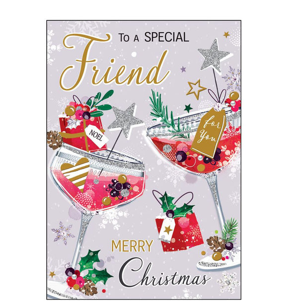 This stylish Jonny Javelin Christmas card is decorated with a pair of glittering pink cocktails, garnished with sprigs of winter foliage. Gold text on the front of the card reads 