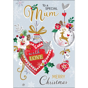 This lovely Christmas card for a special mum is decorated with a heart-shaped christmas tree bauble garnished with stars, flowers and ribbons. The text on the front of this Christmas card reads "To a Special Mum...with love...Merry Christmas".