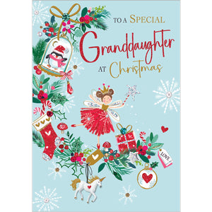 This cute christmas card for a special grand-daughter is decorated with an illustration of a fairy in a red dress and carrying a glittering wand, decorating for christmas. Red and gold text on the front of the card reads "To a Special Granddaughter at Christmas".