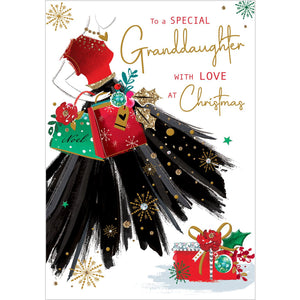 This stunning christmas card for a glamourous grand-daughter is decorated with an illustration of a woman wearing a black and red christmas party dress, carrying equally elegantly wrapped christmas gifts. The text on the front of this card reads "To a special Granddaughter with love at Christmas".