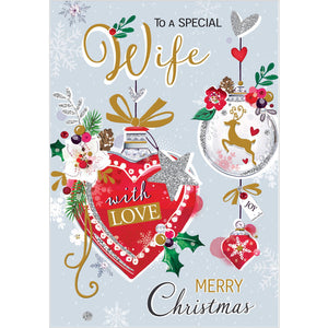 This lovely Christmas card for a special wife is decorated with a heart-shaped christmas tree bauble garnished with stars, flowers and ribbons. The text on the front of this Christmas card reads "To a Special Wife...with love...Merry Christmas".