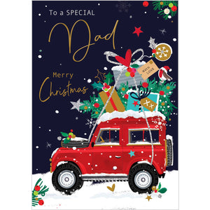 This christmas card for a special dad is decorated with an illustration of a red landrover 4x4 car parked on a dark, snowy night, ladened with all kinds of wonderful presents. Gold text on the front of the card reads "To a Special Dad..Merry Christmas".