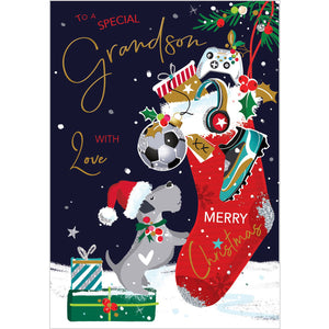 This adorable christmas card for a special grandson is decorated with an illustration&nbsp;of a playful puppy eagerly reaching for a football overflowing from a glittery red stocking packed with gifts. Gold text on the front of the card reads "To a Special Grandson..with love, Merry Christmas".