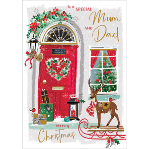 This Jonny Javelin Christmas card for a special dad and mum features a vibrant image of a red front door adorned with festive garlands and a heart-shaped wreath. A pile of beautifully wrapped gifts can be seen resting on the doorstep. Red and gold text on the front of this Christmas card reads "To a Special Mum and Dad...Merry Christmas".