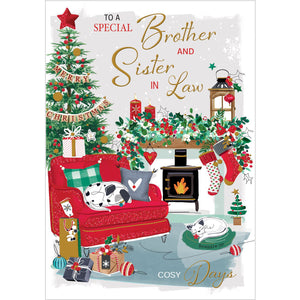 Send festive wishes with this elegant Jonny Javelin Christmas card, featuring festive scenes of a warm and inviting living room. Adorned with a stunning tree, a garland, and a sweet cat and dog, it's the perfect greeting for Christmas.&nbsp;Gold text on the front of the card reads "To a Special Brother and Sister in Law...Cosy Days".