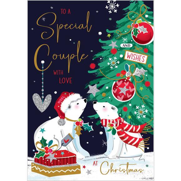 This adorable christmas card for a special couple is decorated with an illustration of two polar bears sitting nose-to-nose beside a beautifully decorated Christmas tree. Gold text on the front of the card reads 