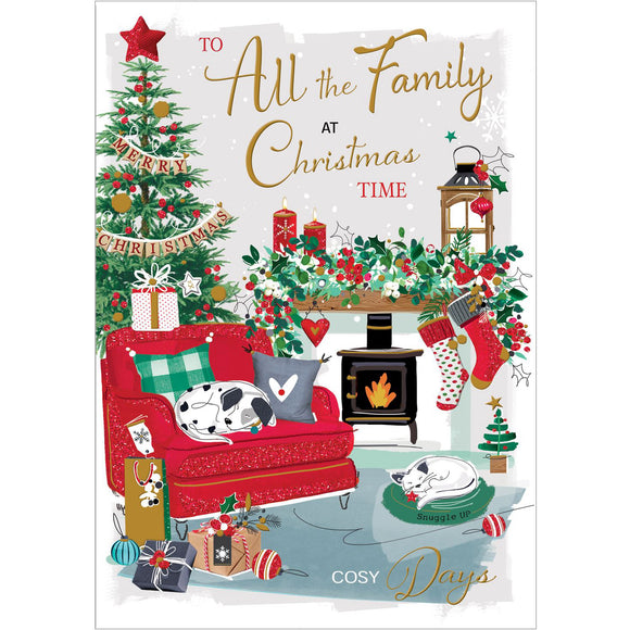 Send festive wishes with this elegant Jonny Javelin Christmas card, featuring festive scenes of a warm and inviting living room. Adorned with a stunning tree, a garland, and a sweet cat and dog, it's the perfect greeting for a special family. Gold text on the front of the card reads 