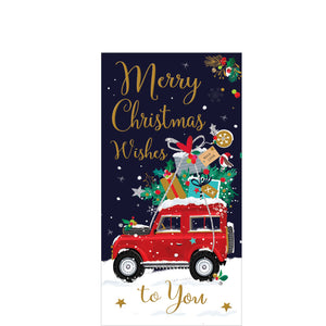 This money wallet is decorated with a red landrover against a dark night sky and snow. It is ladened with all kinds of wonderful presents. Gold text on the front of the card reads "Merry Christmas Wishes to Y