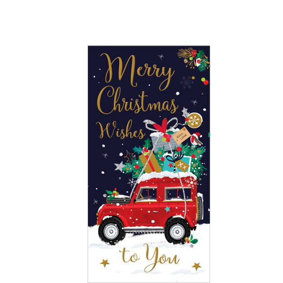 This money wallet is decorated with a red landrover against a dark night sky and snow. It is ladened with all kinds of wonderful presents. Gold text on the front of the card reads 