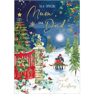 This stunning Jonny Javelin Christmas card&nbsp;for a special mum and dad is decorated with a charming scene of a couple sitting together on a bench, bundled up against the cold and snow. Gold text on the front of the card reads "To a Special Mum and Dad...with love at Christmas".