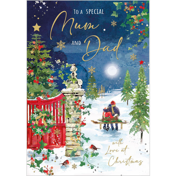 This stunning Jonny Javelin Christmas card for a special mum and dad is decorated with a charming scene of a couple sitting together on a bench, bundled up against the cold and snow. Gold text on the front of the card reads 