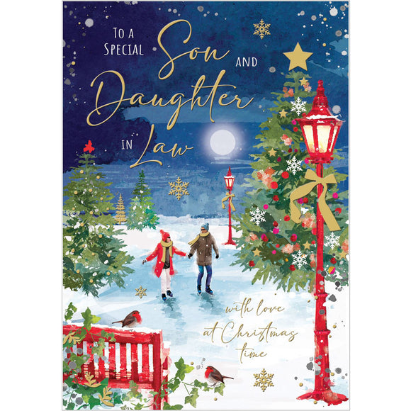 This stunning Jonny Javelin Christmas card for a special son and daughter in law is decorated scene of a couple, wrapped up warmly against the cold and snow, ice-skating hand-in-hand in a snowy park. Gold text on the front of the card reads 