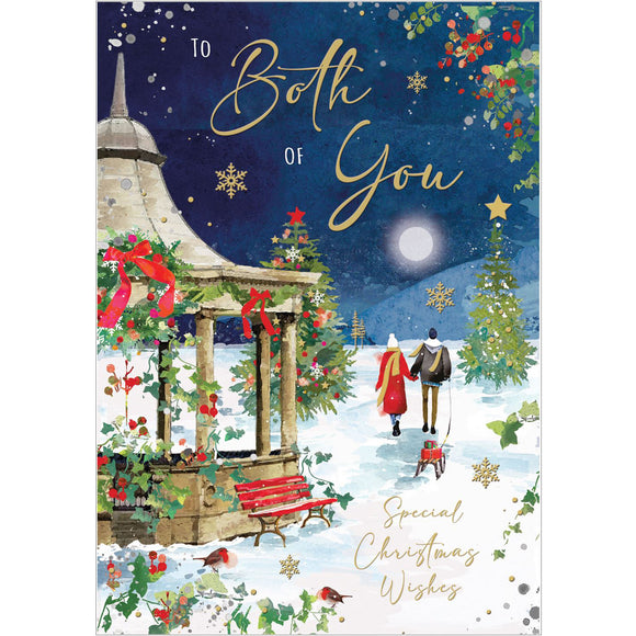 This stunning Jonny Javelin Christmas card for a special couple is decorated with a charming scene of a couple walking hand-in-hand, bundled up against the cold and snow. The bandstand in the background is adorned with festive garlands. Gold text on the front of the card reads 