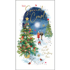 This Christmas card for a special couple is decorated with a scene of a couple walking through a snowy evening. The caption on the front of the card reads "To a Special Couple...with love at Christmas Time".