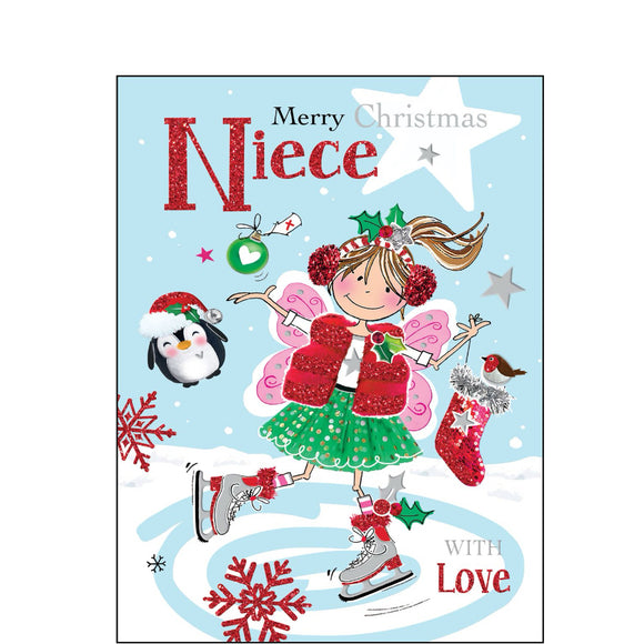 This christmas card for a special niece is decorated with an illustration of a girl, dressed in a glittery red gillet, pink fairy wings and a glittery festive headband, ice skating with her friends a robin and penguin. The text on the front of this Jonny Javelin Christmas card reads 