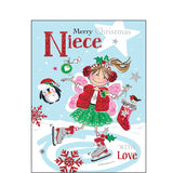 This christmas card for a special niece is decorated with an illustration of a girl, dressed in a glittery red gillet, pink fairy wings and a glittery festive headband, ice skating with her friends a robin and penguin. The text on the front of this Jonny Javelin Christmas card reads "Merry Christmas Niece, with love."