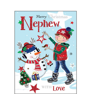 This christmas card for a special nephew is decorated with an illustration of a boy, dressed in a glittery red gillet, boots and a glittery festive bobble hat, putting the finishing touches on a to a snowman ably assisted by a robin friend. The text on the front of this Jonny Javelin Christmas card reads "Merry Christmas Nephew, with love."
