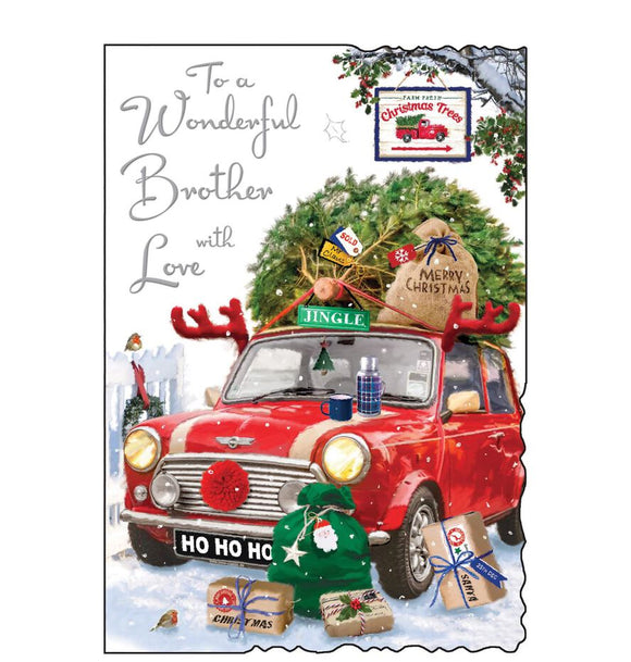 This Christmas card for a special brother is decorated with a red mini car with a christmas tree tied to the roof and novelty reindeer antlers attached to the front of the car. Silver text on the front of this Christmas card reads 