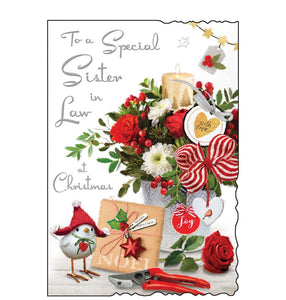 This Christmas card for a special sister-in-law is decorated with beautiful festive flower arrangement - made up of red roses, white flowers and green foliage, with a candle in the centre. Silver text on the front of this Christmas card reads "To a Special Sister in Law at Christmas".