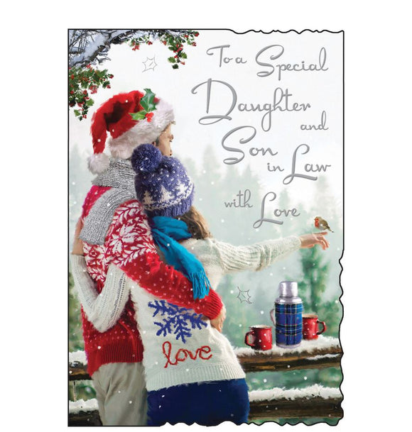 This Christmas card for a special daughter and son in law is decorated with a scene of a couple, standing in the snow to enjoy a hot drink, with their arms around each other. Silver text on the front of this Christmas card reads 
