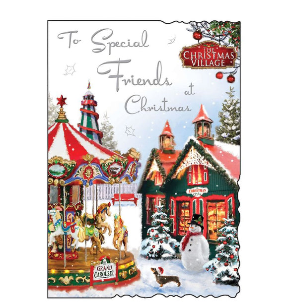 This Christmas card for special friends is decorated with a scene of a snowy 'Christmas Village' complete with snowman and little dachshund dog watching as a majestic carousel spins. Silver text on the front of this Christmas card reads 