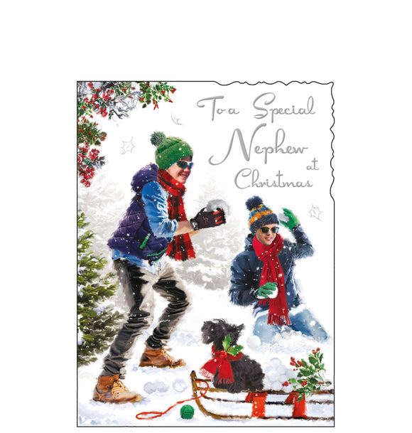 This Christmas card for a special nephew is decorated with a scene of two young men - and a dog - in the middle of a snowball flight. Silver text on the front of this Christmas card reads 